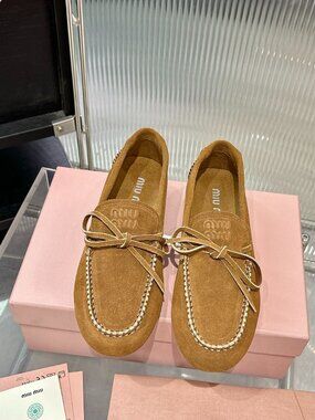 Miu Miu Camel Brown Suede Bow Moccasin Loafers
